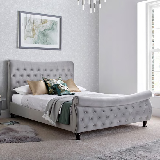Product photograph of Orem Velvet Chesterfield Sleigh Super King Size Bed In Grey from Furniture in Fashion