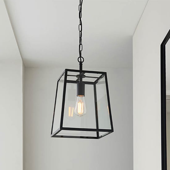 Product photograph of Oxon Clear Glass Shade Ceiling Pendant Light In Matt Black from Furniture in Fashion