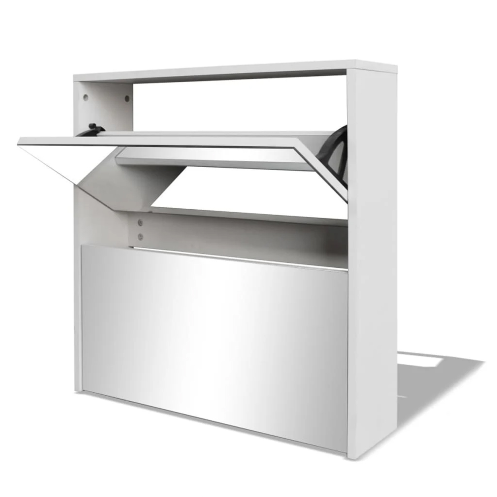 Ozark Mirrored Shoe Storage Cabinet With 2 Flip Doors In White