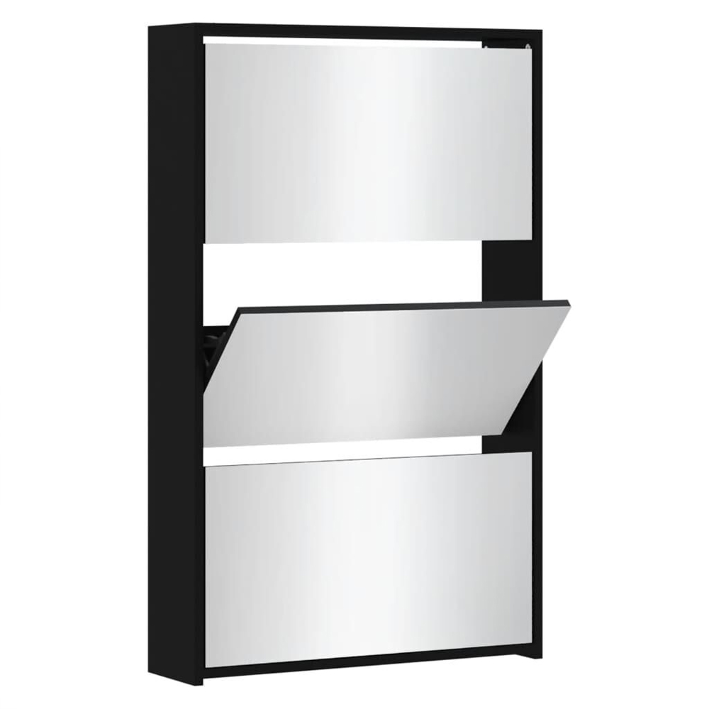 Ozark Mirrored Shoe Storage Cabinet With 3 Flip Doors In Black