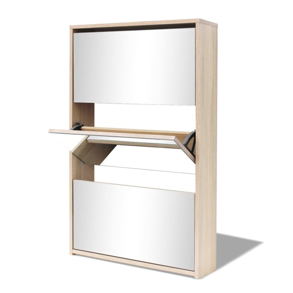 Ozark Mirrored Shoe Storage Cabinet With 3 Flip Doors In Oak