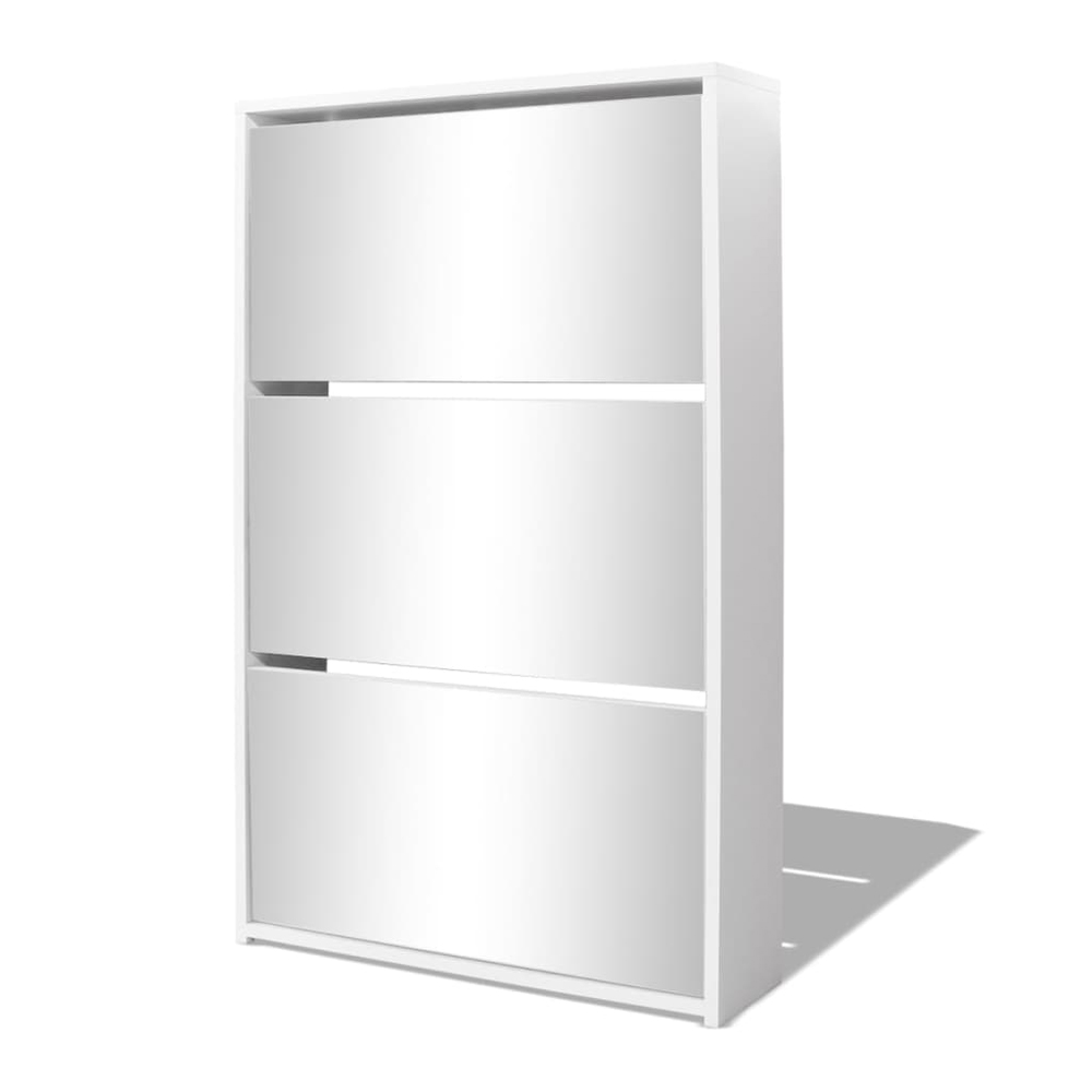 Ozark Mirrored Shoe Storage Cabinet With 3 Flip Doors In White