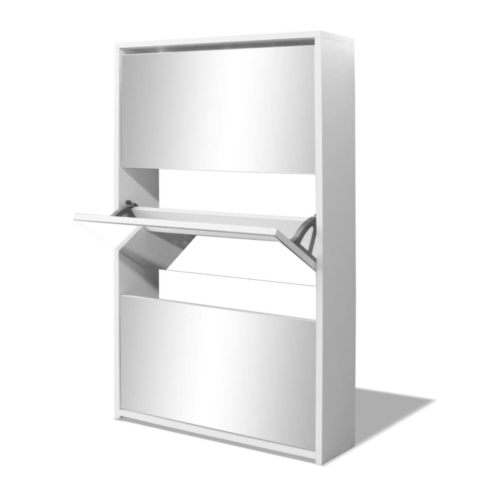 Ozark Mirrored Shoe Storage Cabinet With 3 Flip Doors In White