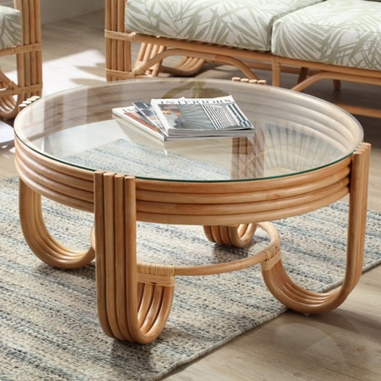 Product photograph of Paarl Round Clear Glass Top Coffee Table With Rattan Base from Furniture in Fashion