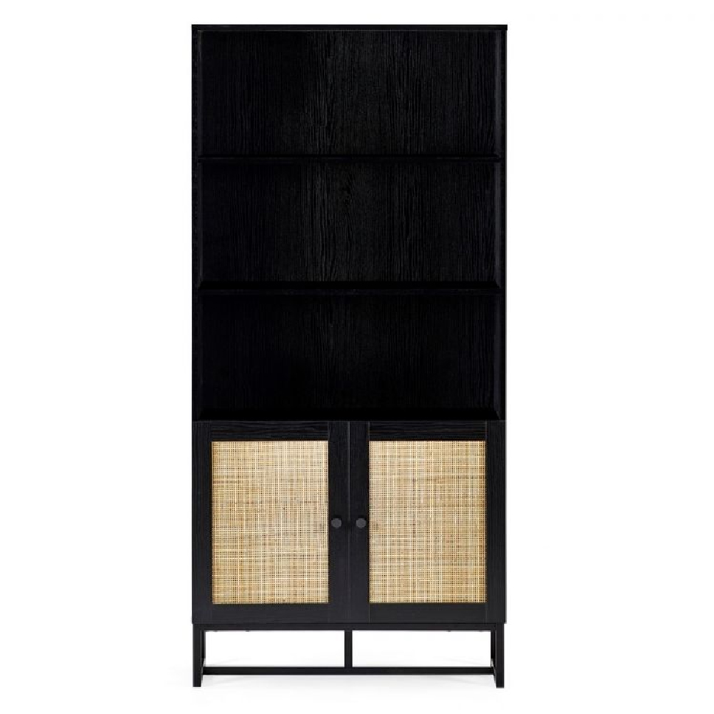 Pabla Wooden Bookcase With 2 Doors In Rattan And Black