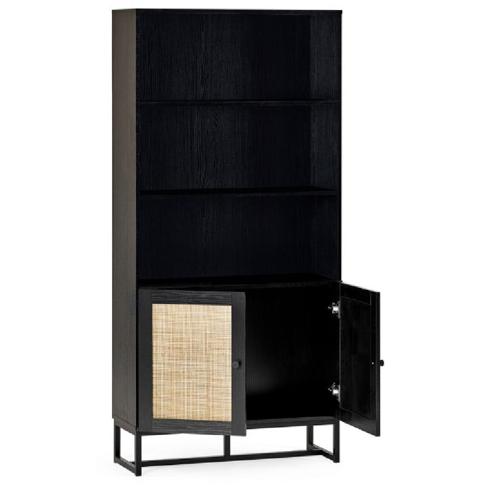 Pabla Wooden Bookcase With 2 Doors In Rattan And Black