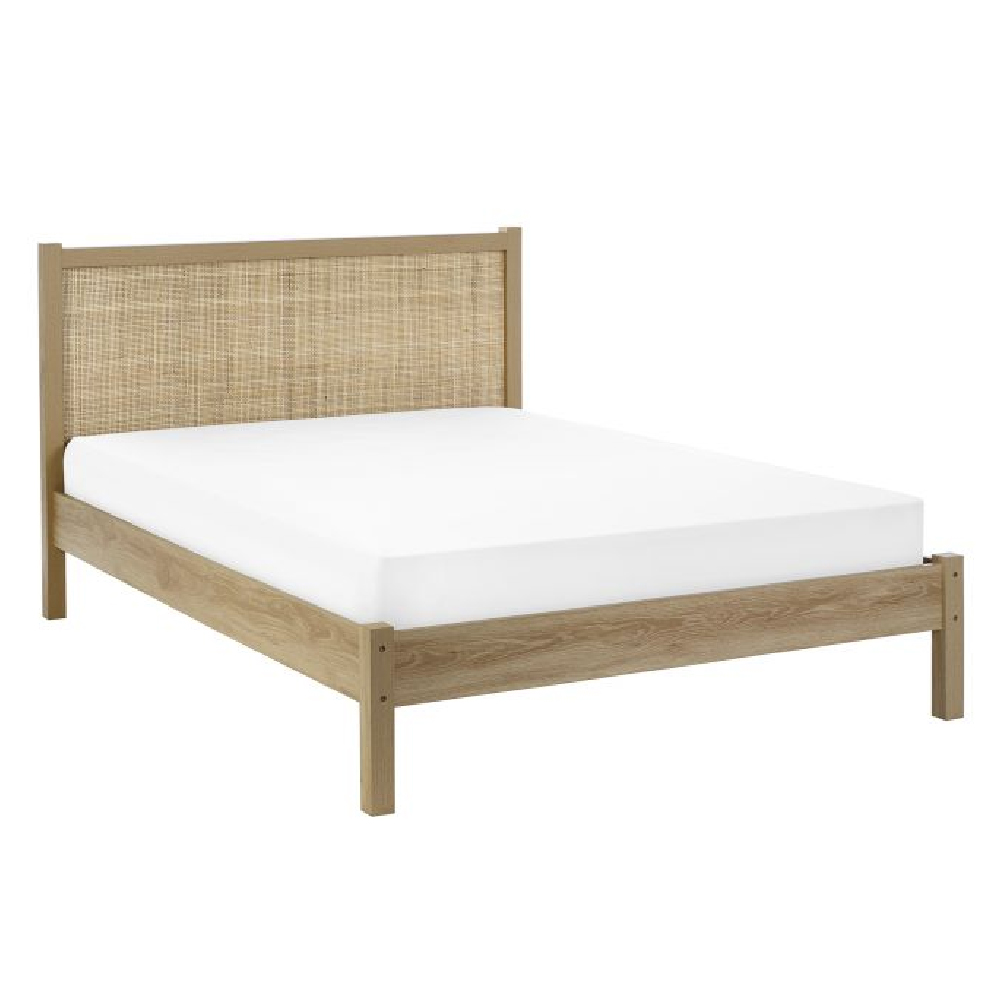 Pabla Wooden Double Bed With Rattan Headboard In Oak