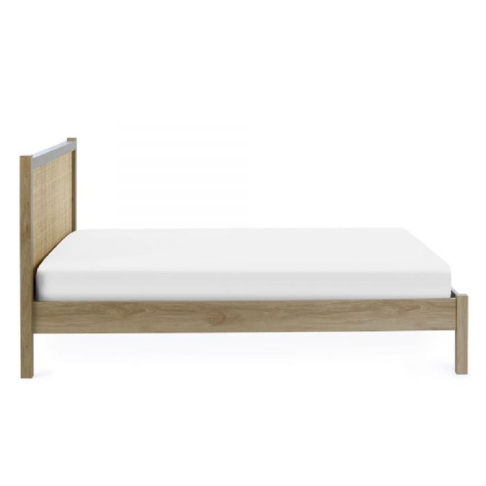 Pabla Wooden Double Bed With Rattan Headboard In Oak