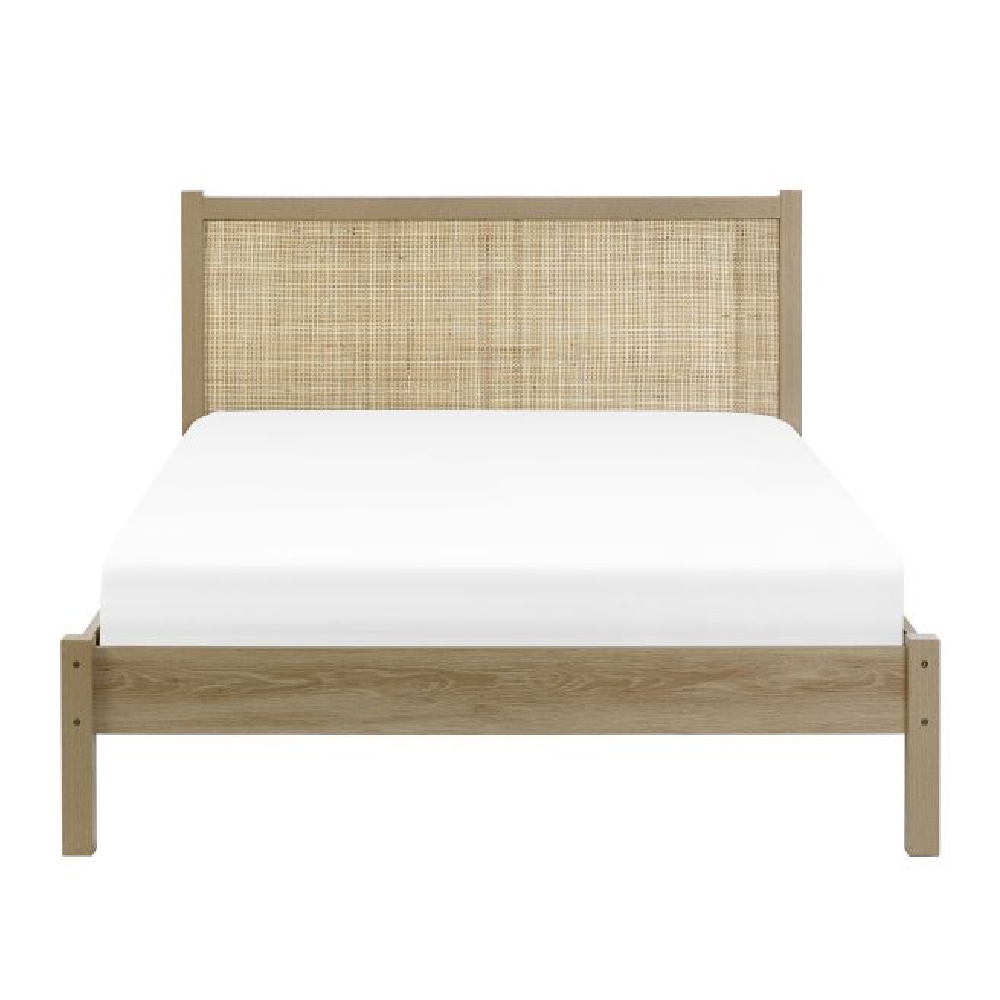 Pabla Wooden Double Bed With Rattan Headboard In Oak