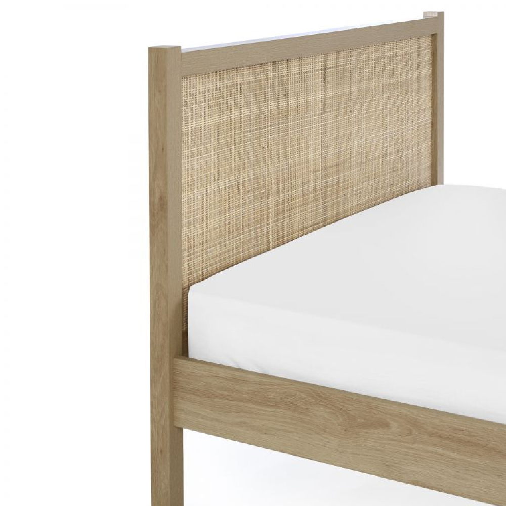 Pabla Wooden Double Bed With Rattan Headboard In Oak
