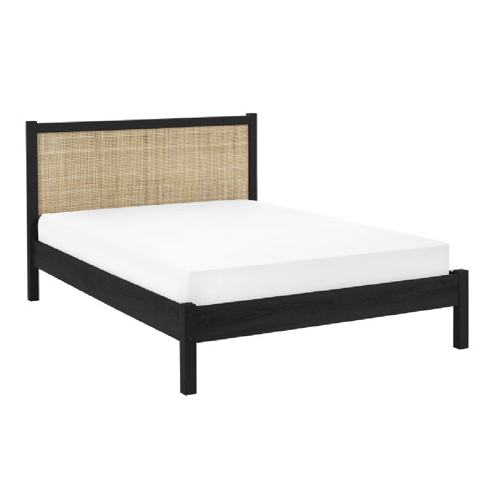 Pabla Wooden King Size Bed With Rattan Headboard In Black