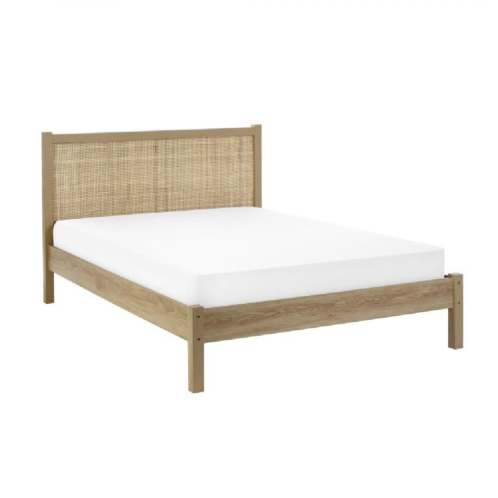 Pabla Wooden King Size Bed With Rattan Headboard In Oak