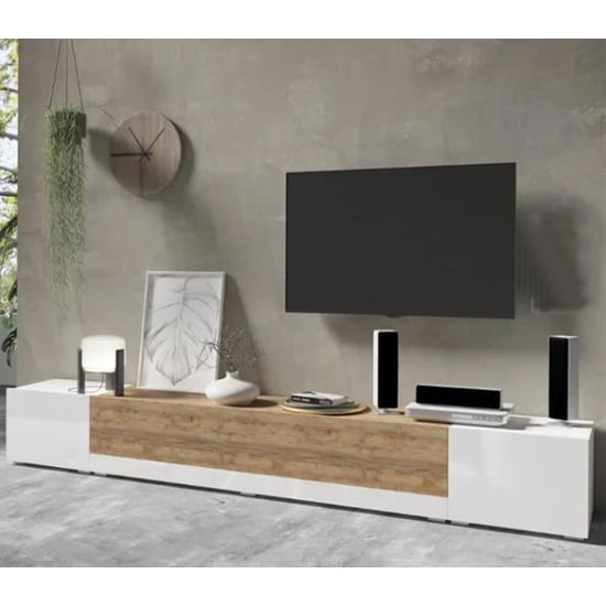 Product photograph of Pacific High Gloss Tv Stand With 3 Door In White And Sandal Oak from Furniture in Fashion