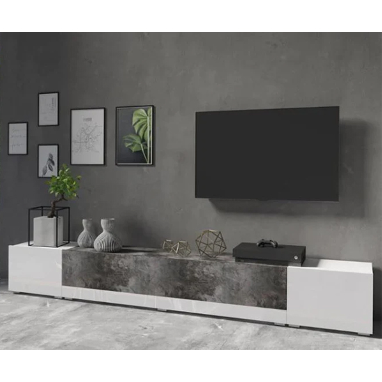 Pacific High Gloss TV Stand With 3 Doors In White And Slate