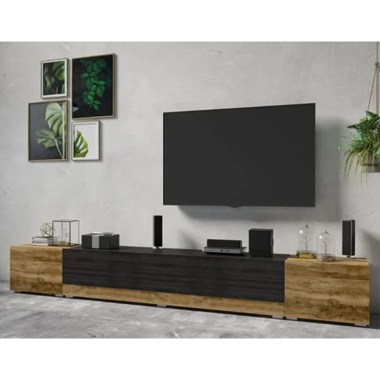 Read more about Pacific wooden tv stand with 3 doors in satin walnut and black