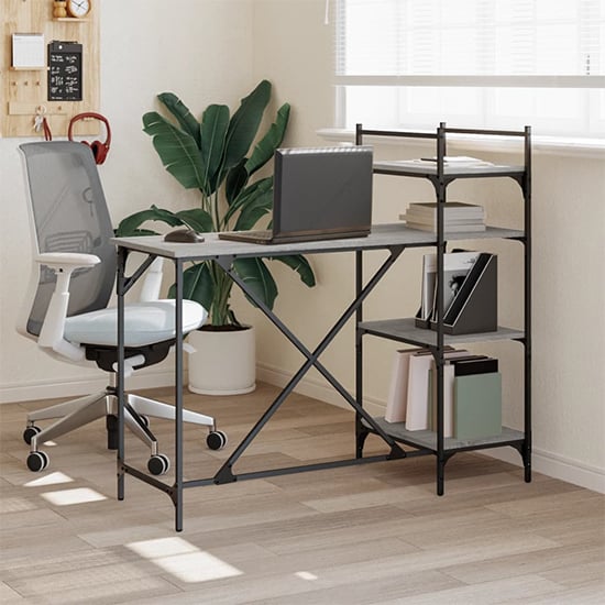 Product photograph of Pacific Wooden Computer Desk With Shelves In Grey Sonoma Oak from Furniture in Fashion