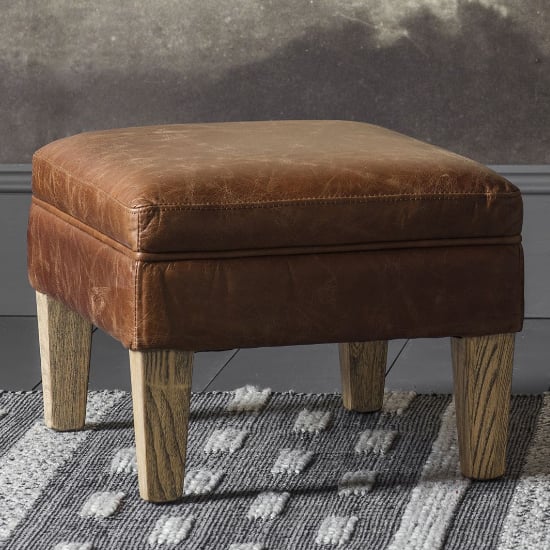 Product photograph of Padston Leather Foot Stool In Vintage Brown from Furniture in Fashion