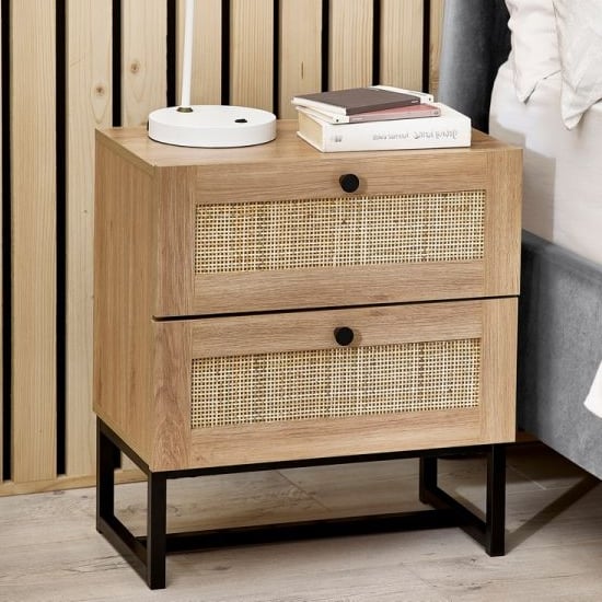 Padstow Oak Rattan 2 Drawer Wood Bedside Table