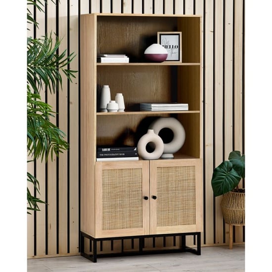 Read more about Pabla wooden tall bookcase with 2 doors 2 shelves in oak