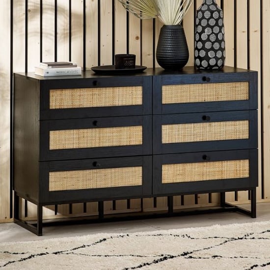 Product photograph of Pabla Wide Wooden Chest Of 6 Drawers In Black from Furniture in Fashion