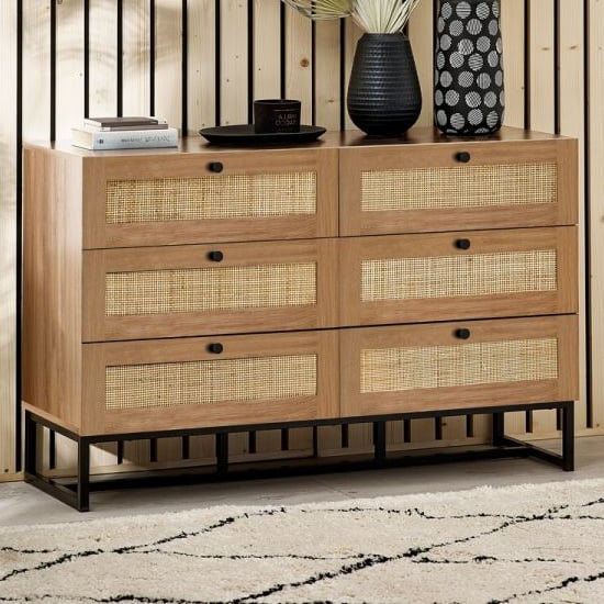 Product photograph of Pabla Wide Wooden Chest Of 6 Drawers In Oak from Furniture in Fashion