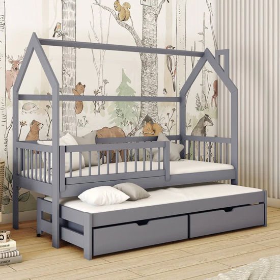 Read more about Pago trundle wooden single bed in grey with foam mattress