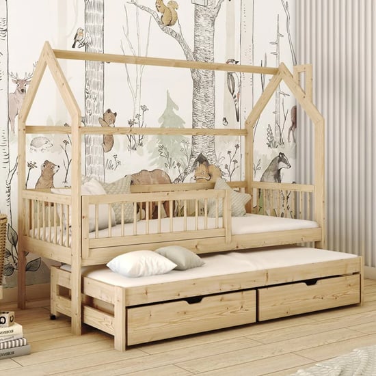 Pago Trundle Wooden Single Bed In Pine With Bonnell Mattress