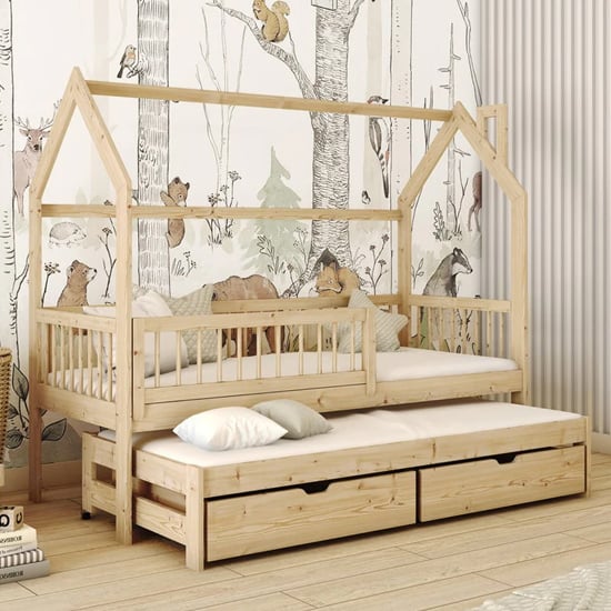 Read more about Pago trundle wooden single bed in pine with foam mattress