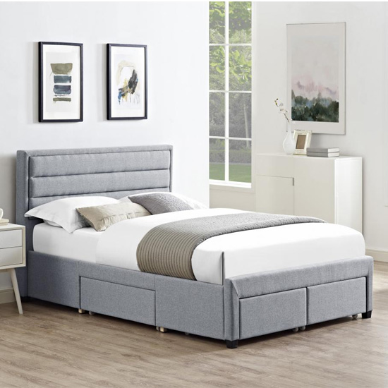 Read more about Panola linen fabric double bed with 4 drawers in grey