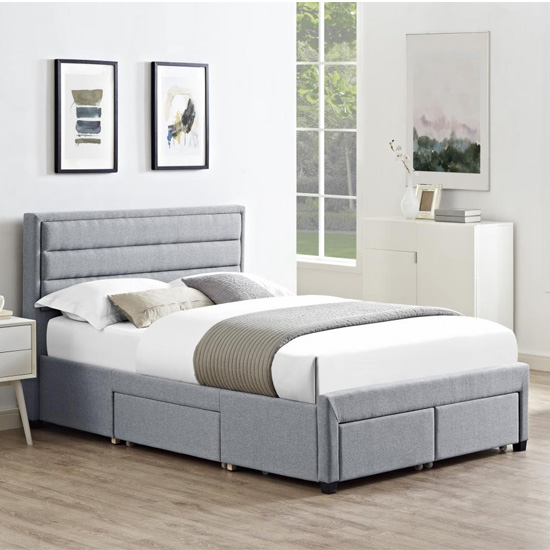 Paisley Linen Fabric Double Bed In Grey With 4 Drawers Furniture in