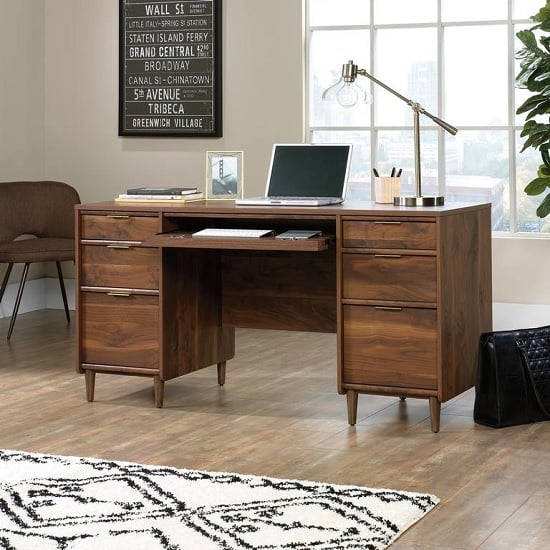 Photo of Palais wooden computer desk in walnut with 6 drawers