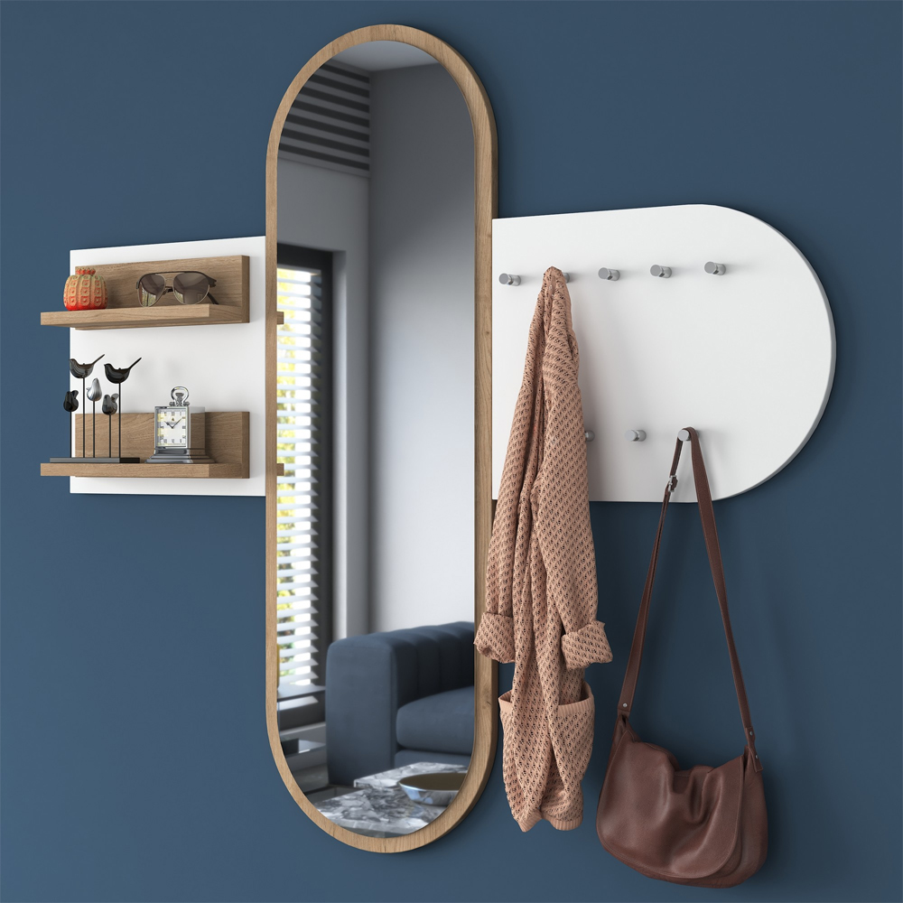 Palero Wooden Coat Rack with Mirror in White and Walnut