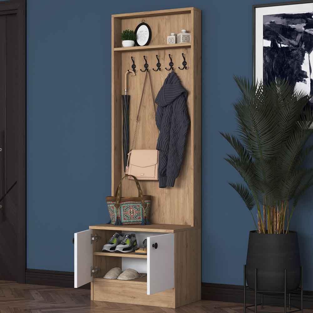 Palero Wooden Hallway Coat Stand with 2 Doors in White and Walnut