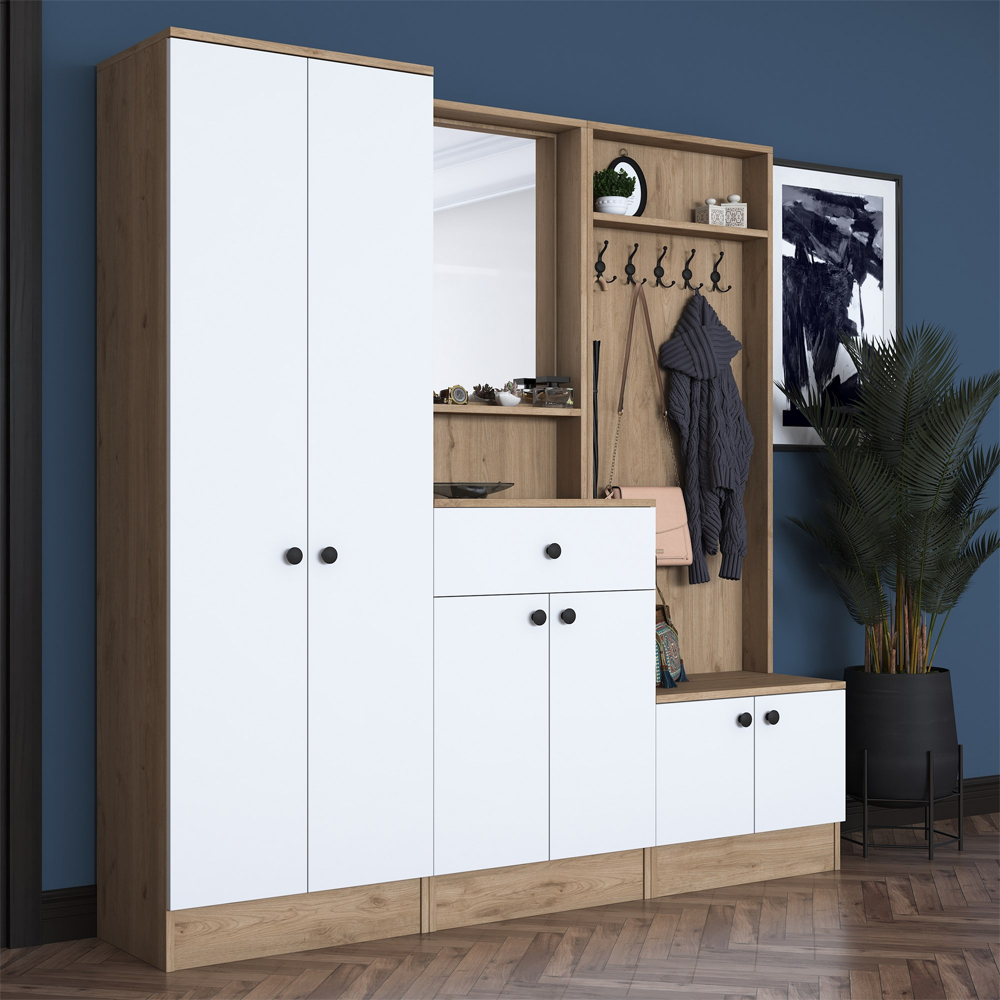 Palero Wooden Hallway Furniture with Coat Rack and Mirror in White Walnut