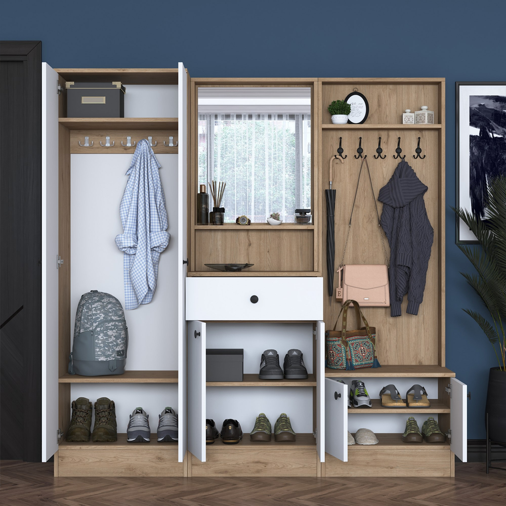 Palero Wooden Hallway Furniture with Coat Rack and Mirror in White Walnut