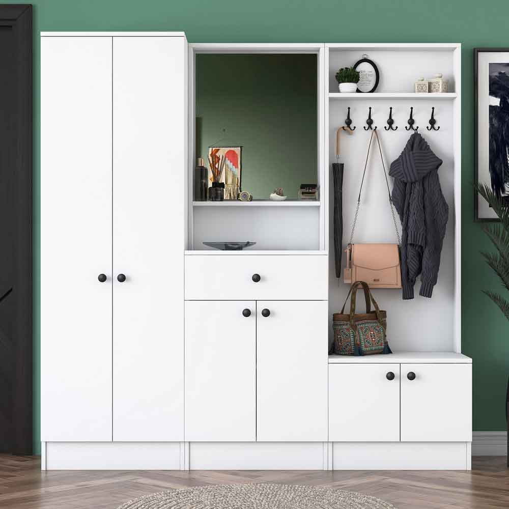 Palero Wooden Hallway Furniture with Coat Rack and Mirror in White