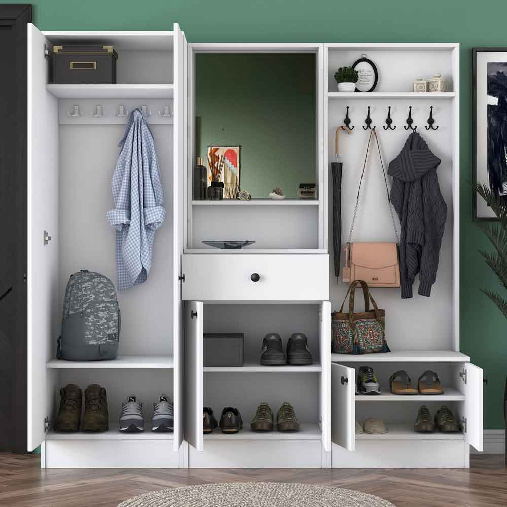 Palero Wooden Hallway Furniture with Coat Rack and Mirror in White