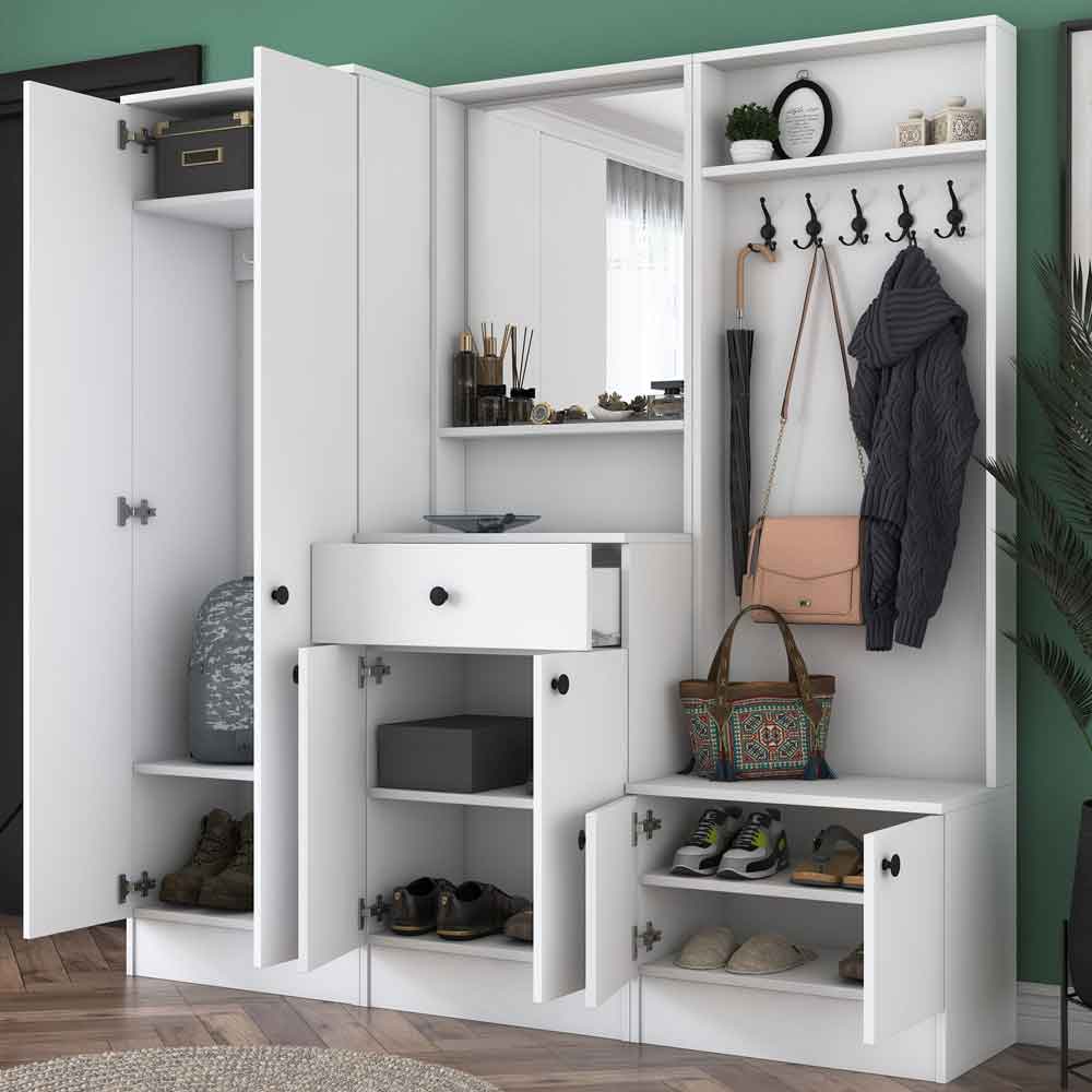 Palero Wooden Hallway Furniture with Coat Rack and Mirror in White