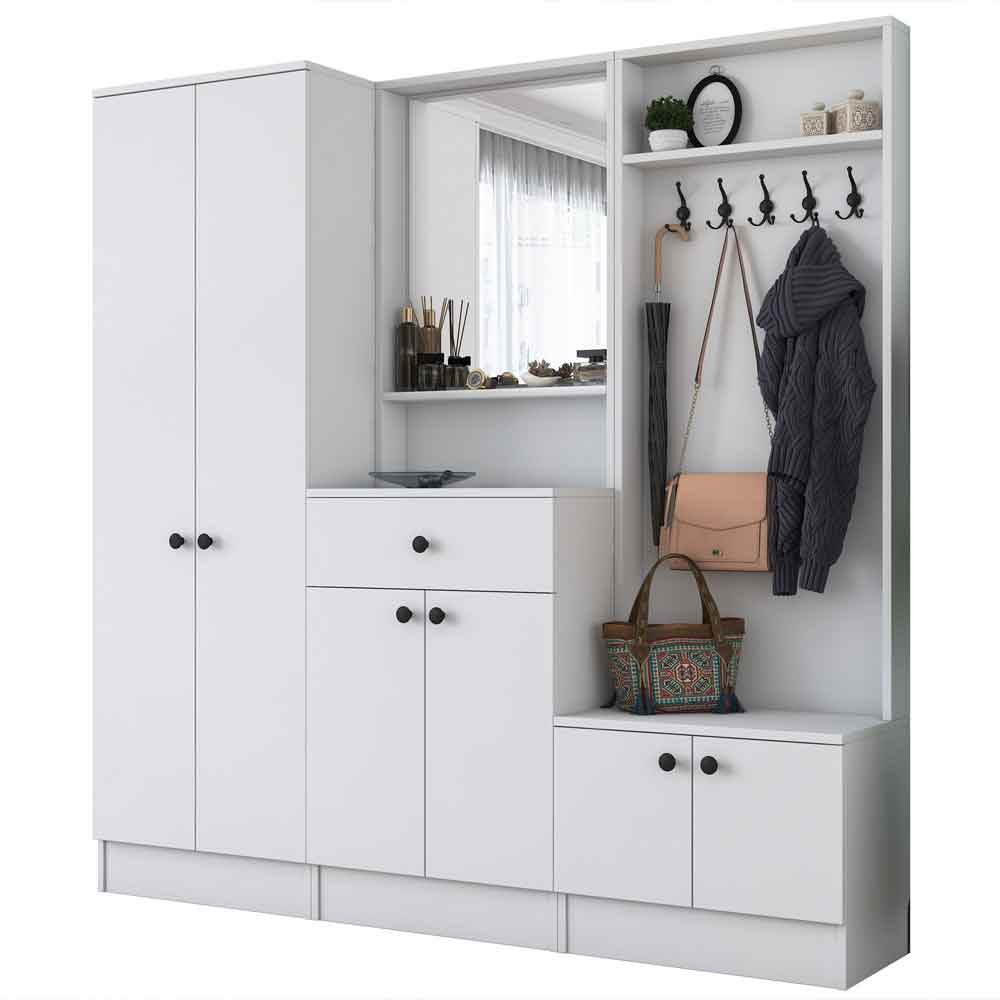Palero Wooden Hallway Furniture with Coat Rack and Mirror in White