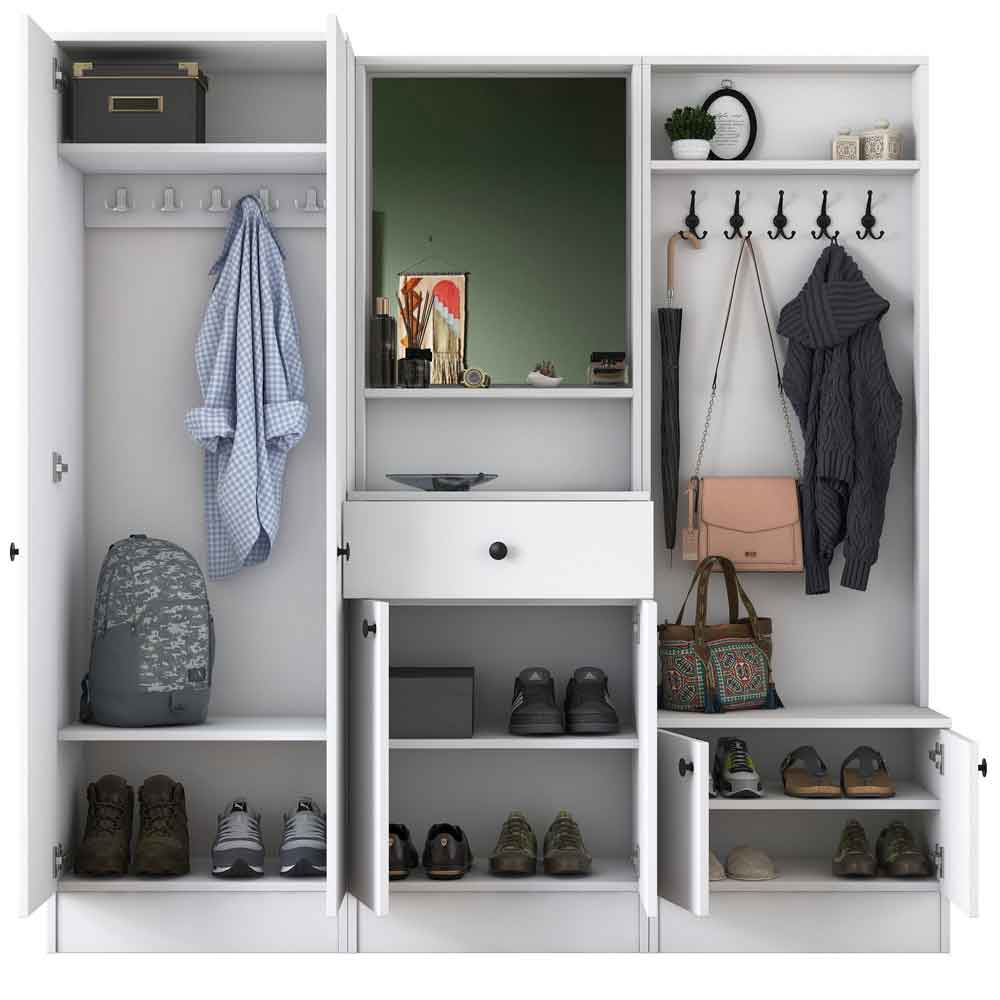 Palero Wooden Hallway Furniture with Coat Rack and Mirror in White