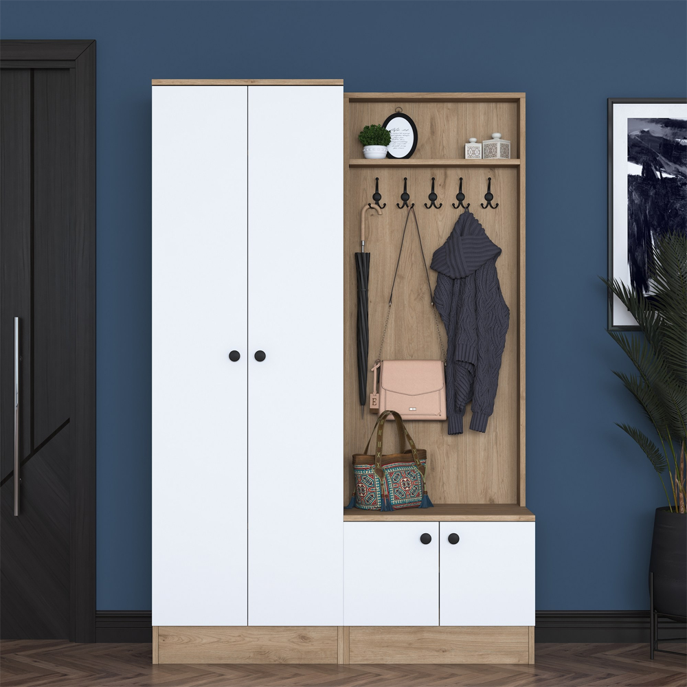Palero Wooden Hallway Furniture with Coat Rack in White and Walnut