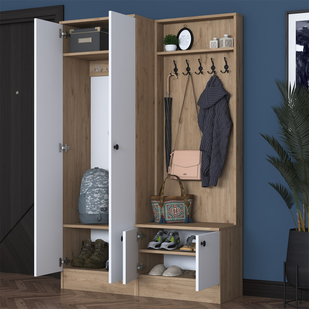 Palero Wooden Hallway Furniture with Coat Rack in White and Walnut