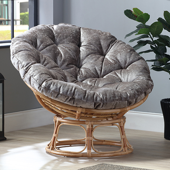 Product photograph of Palhoca Rattan Accent Chair In Natural With Silver Velour Cushion from Furniture in Fashion