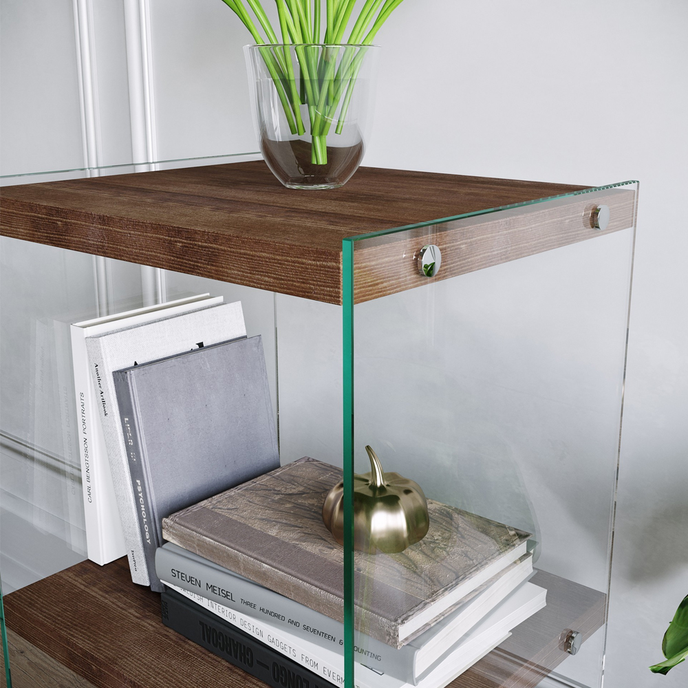 Palladio Walnut Pine Solid Wood Side Table with Glass Frame