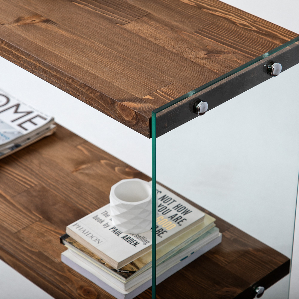 Palladio Walnut Pine Solid Wood Side Table with Tempered Glass Frame