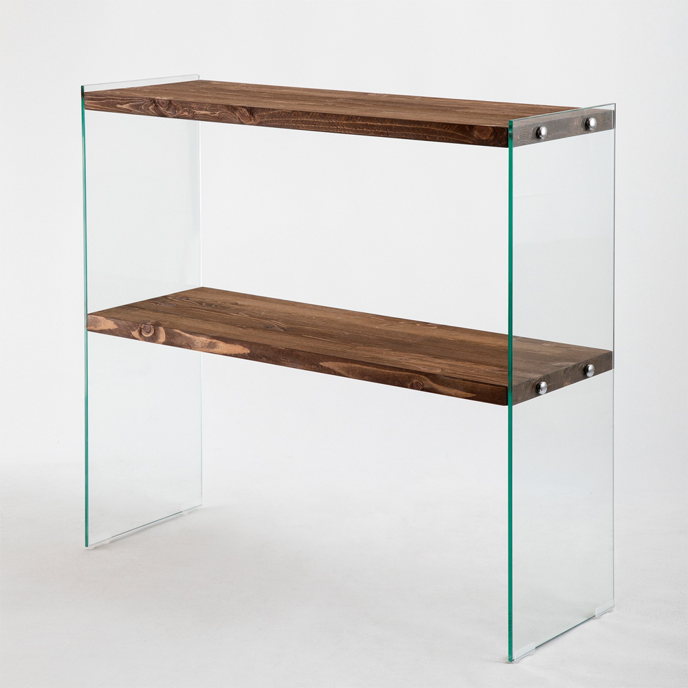 Palladio Walnut Pine Solid Wood Side Table with Tempered Glass Frame