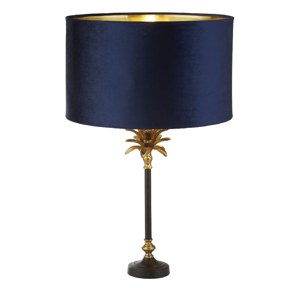 Read more about Palm navy velvet shade table lamp in antique brass and black