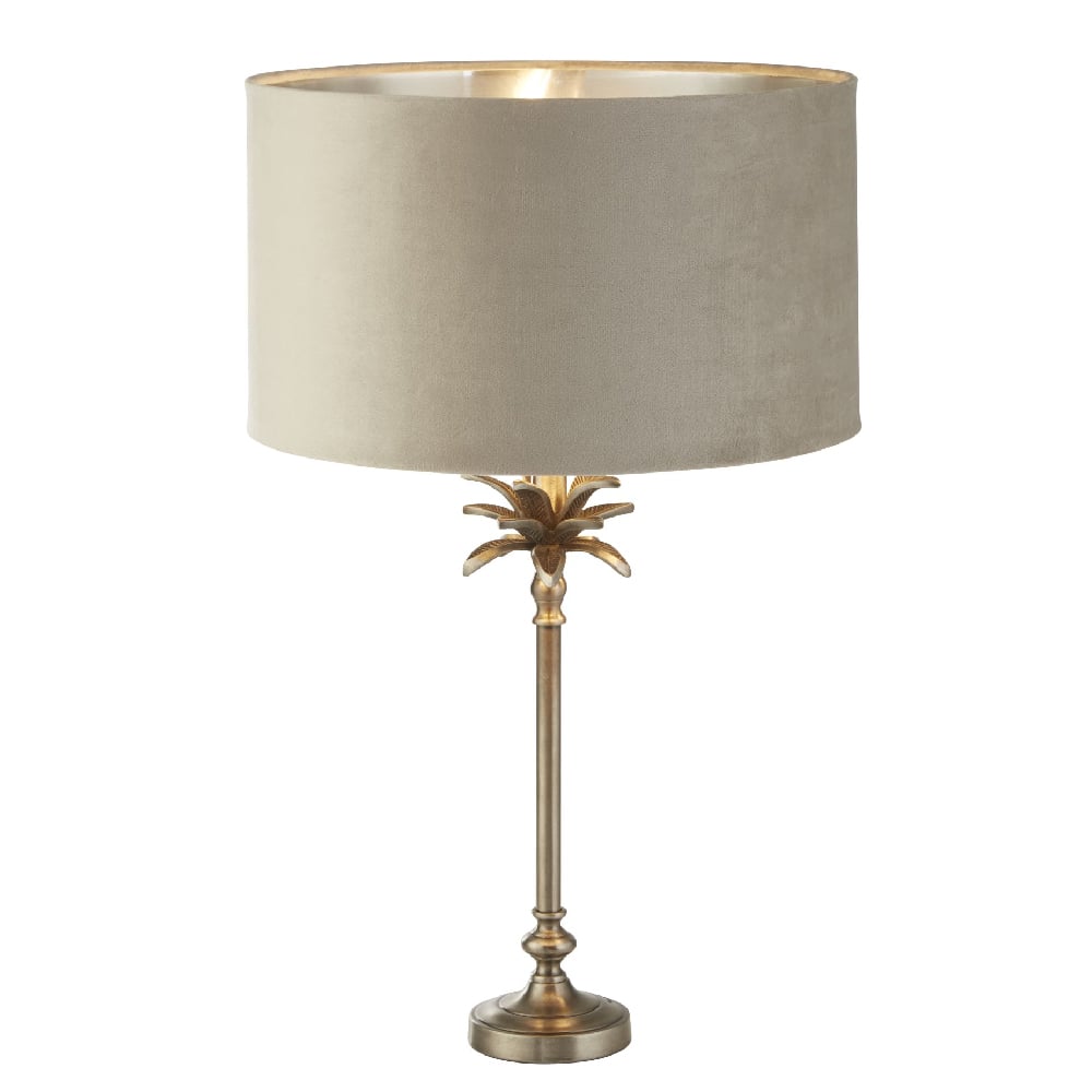 Read more about Palm taupe velvet shade table lamp in antique nickel
