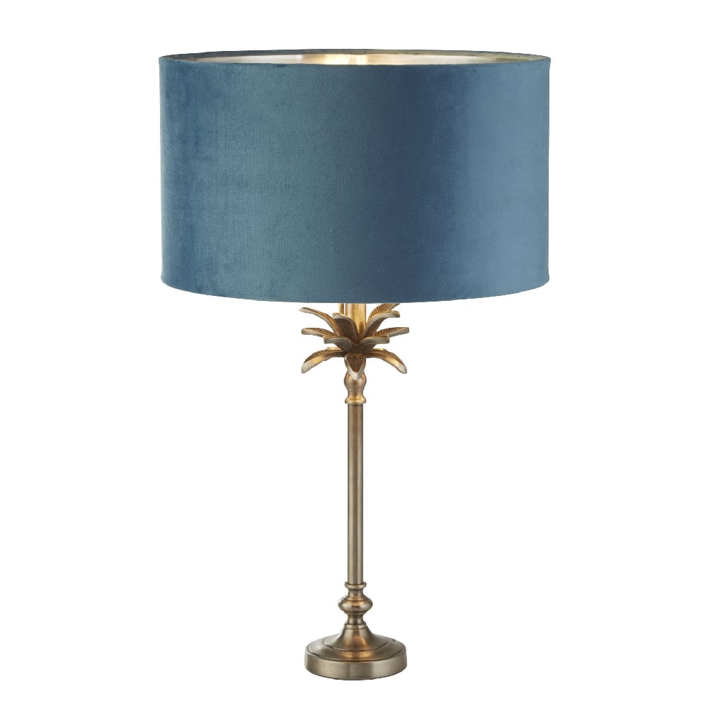 Read more about Palm teal velvet shade table lamp in antique nickel