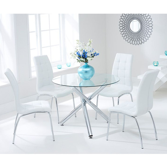 Palmao Round Glass Dining Table With 4 Gala White Dining Chairs